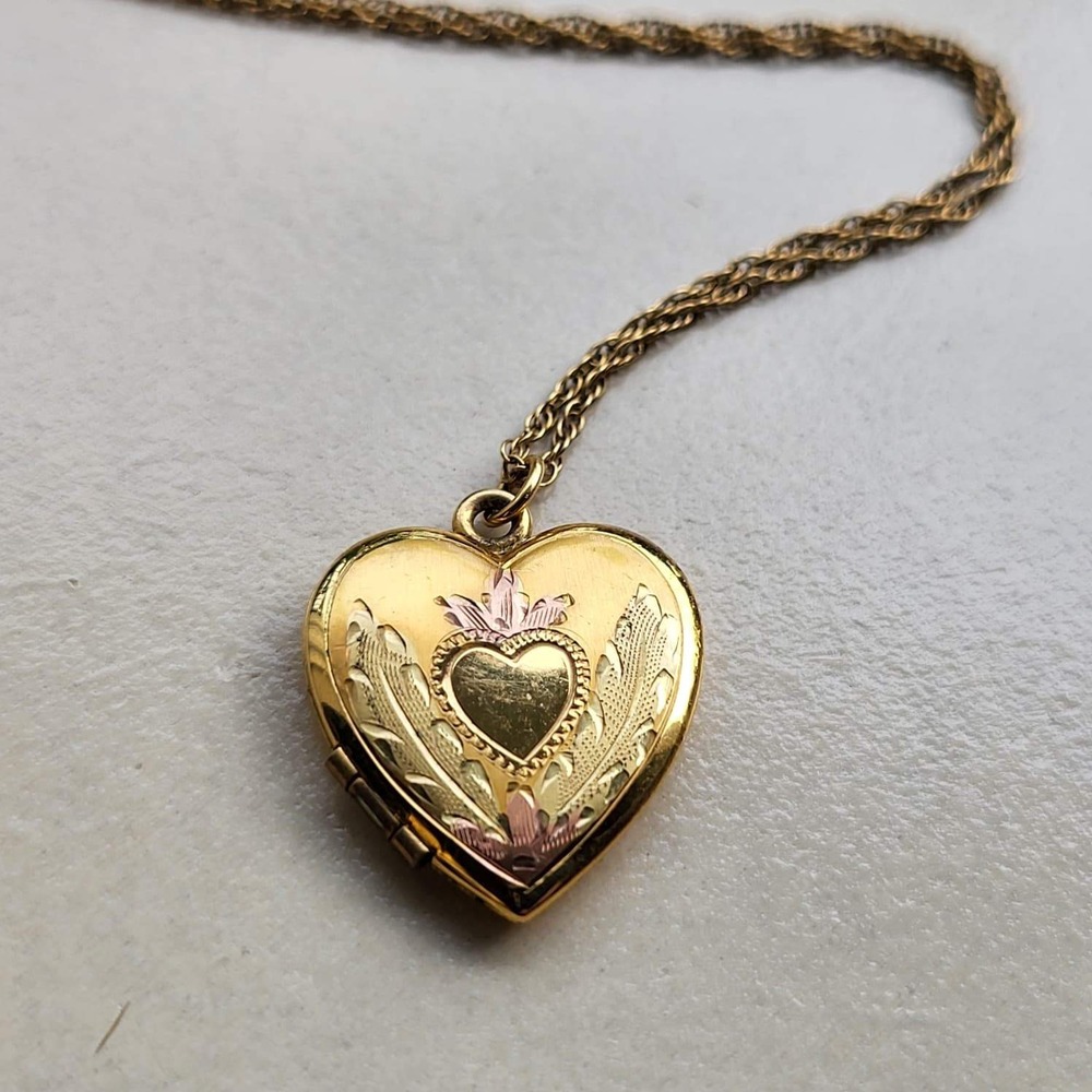 Vintage 12K Gold Filled Heart Locket Necklace Rhinestone Floral Photo Pendant GF